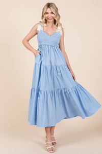 Sky Blue Bow Shoulder Smocked Midi Dress
