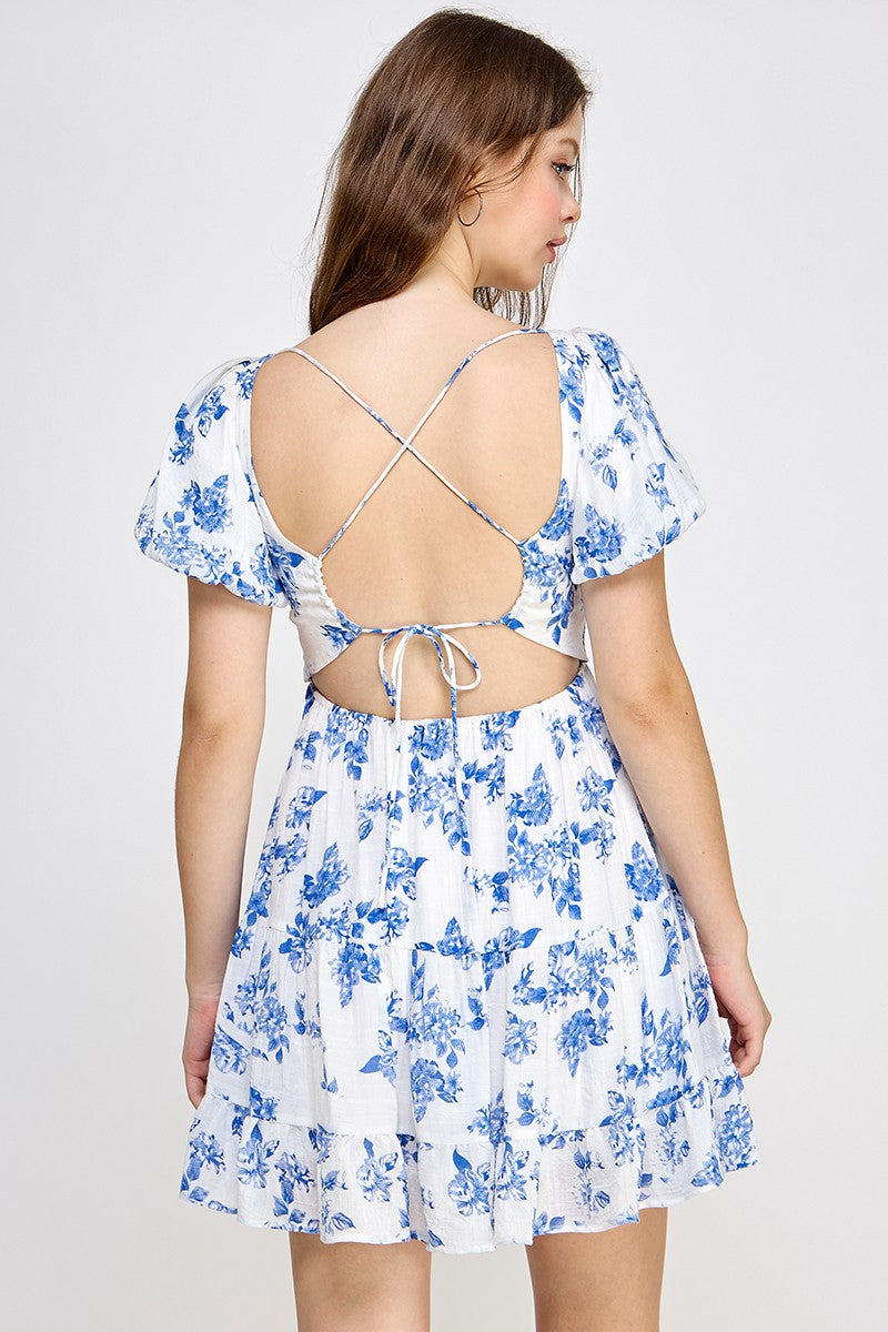 Blue Floral Puff Sleeve Tie Back Dress