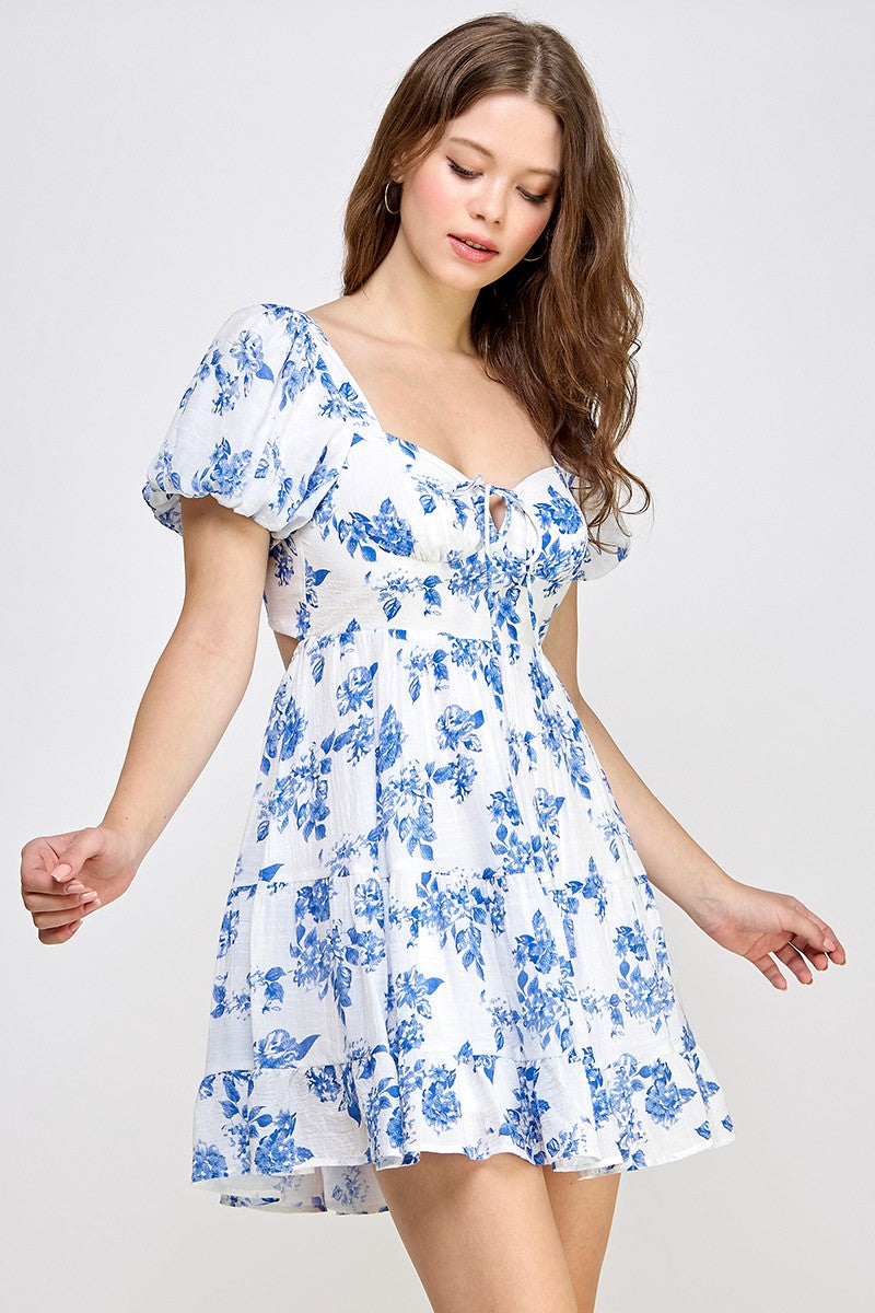 Blue Floral Puff Sleeve Tie Back Dress Fashion Cupcake Blue Floral Puff Sleeve Tie Back Dress Fashion Cupcake
