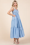 Sky Blue Bow Shoulder Smocked Midi Dress