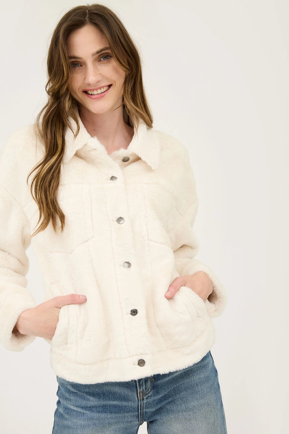 Ivory Button Front Furry Jacket