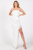 White Strapless Frilled Side Sleit Dress