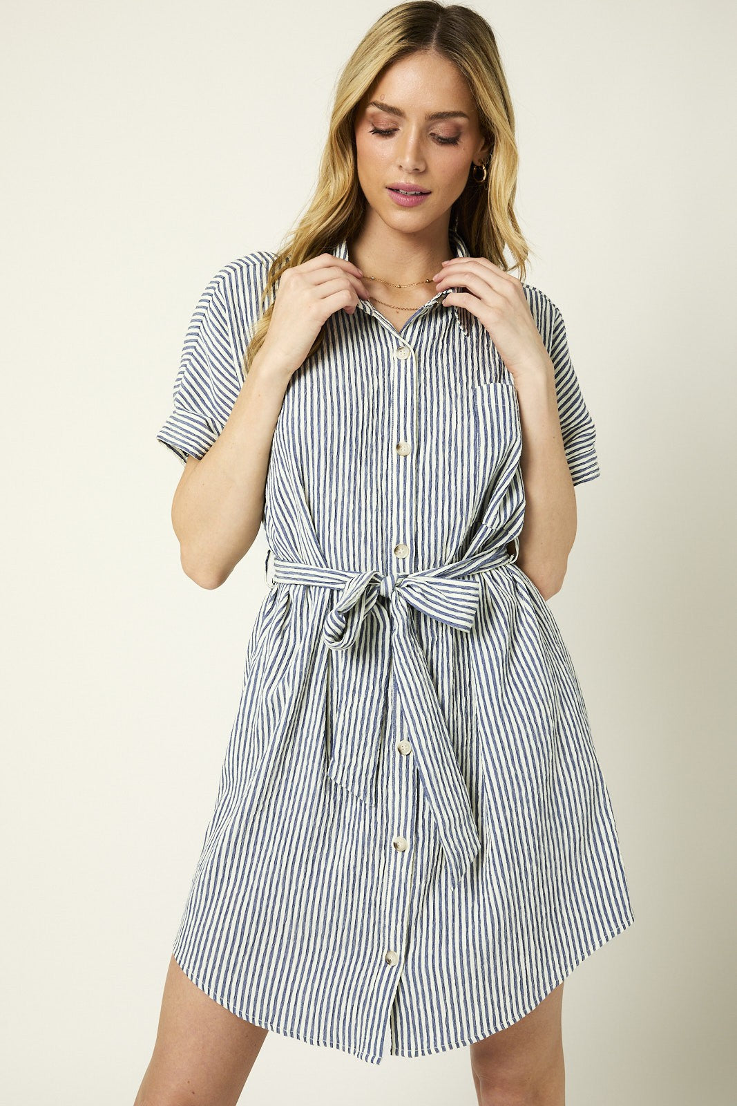 cream and navy striped dress Make No Mistake Midi Dress