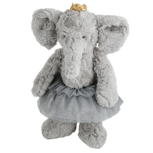 Plush elephant toy with a crown and sparkly dress on a white background