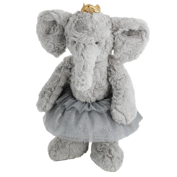 Plush elephant toy with a crown and sparkly dress on a white background