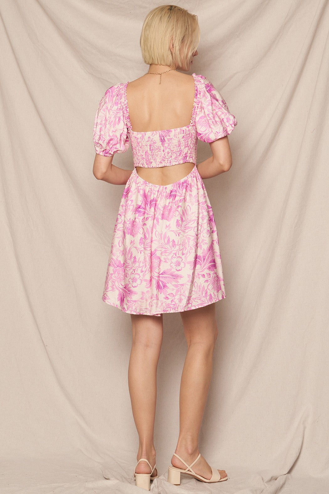 pink and white puff sleeve dress HOLIDAY Puff Sleeve Linen Midi Dress