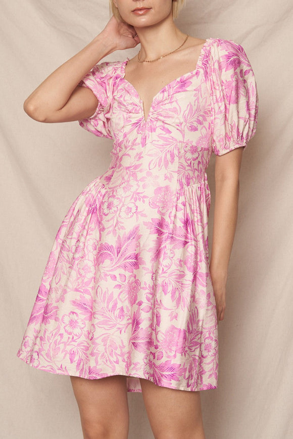 pink and white puff sleeve dress Off-White Pink Floral Mini Dress With Puff Sleeves