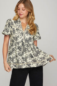 Black & Ivory Pattern Trim Short Sleeve