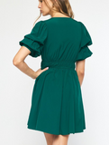 Hunter Green Puff Sleeve Smocked Waist Dress