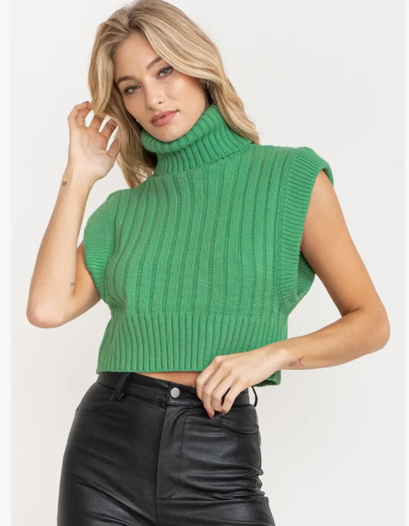 Green Sleeveless Ribbed Turtleneck Sweater