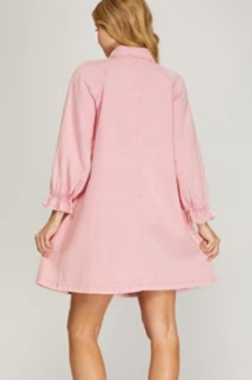 long sleeve pink denim dress Pink Denim Ruffle Cuff Dress – Fashion Cupcake