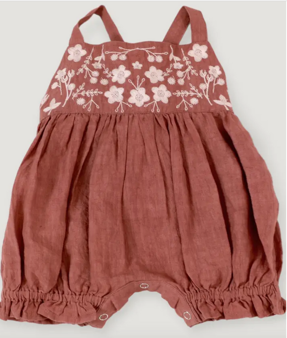 Embroidered Linen Floral Tie Back Baby Romper