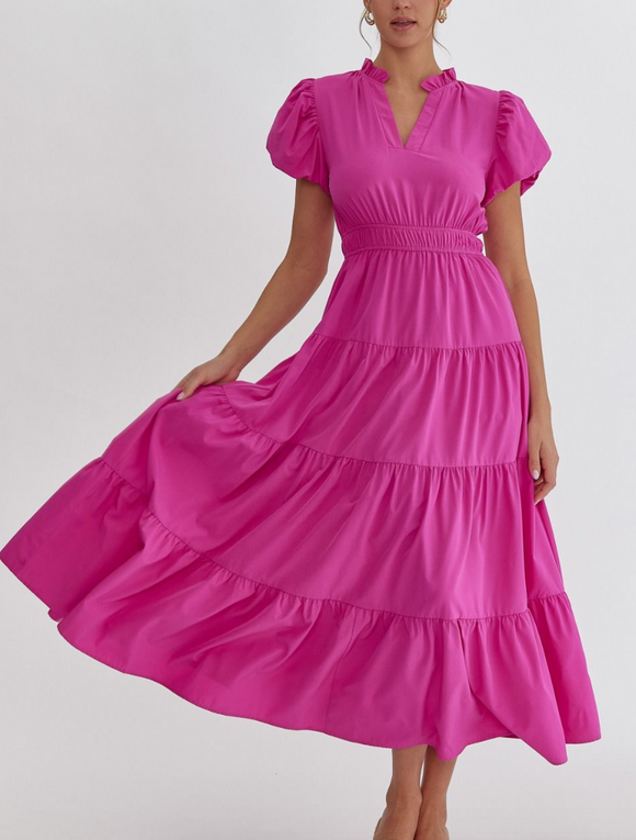 Pink Puff Sleeve Tiered Maxi