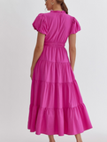 Pink Puff Sleeve Tiered Maxi