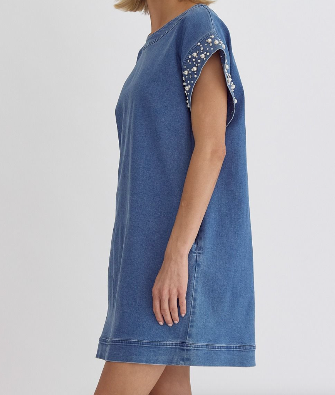 Denim Dress With Pearl & Rhinestone Sleeve Fashion Cupcake Denim Dress With Pearl & Rhinestone Sleeve Fashion Cupcake