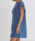 Denim Dress With Pearl & Rhinestone Sleeve