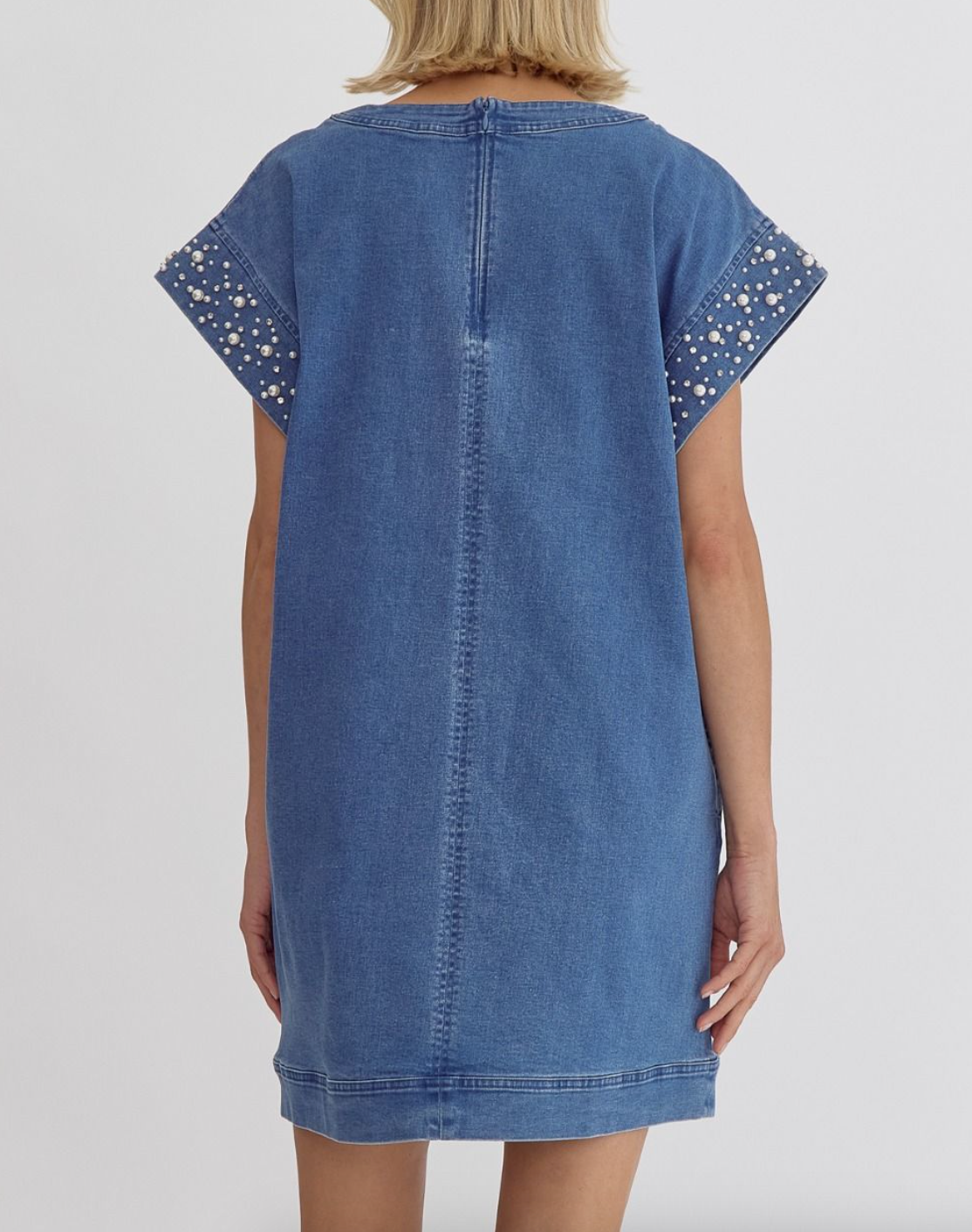 Denim Dress With Pearl & Rhinestone Sleeve Fashion Cupcake Denim Dress With Pearl & Rhinestone Sleeve Fashion Cupcake