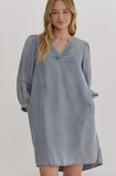 Chambray 3/4 Sleeve V-Neck Dress