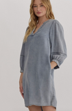 Chambray 3/4 Sleeve V-Neck Dress