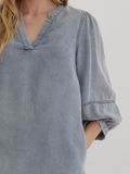 Chambray 3/4 Sleeve V-Neck Dress