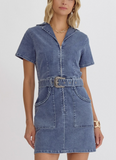 Denim Belted Zipper Dress