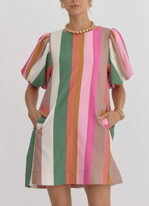 Multi Color Striped Puff Sleeve Dress