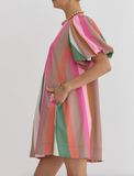 Multi Color Striped Puff Sleeve Dress