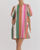 Multi Color Striped Puff Sleeve Dress