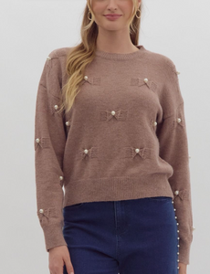 Soft Brown Pearl Bow Sweater