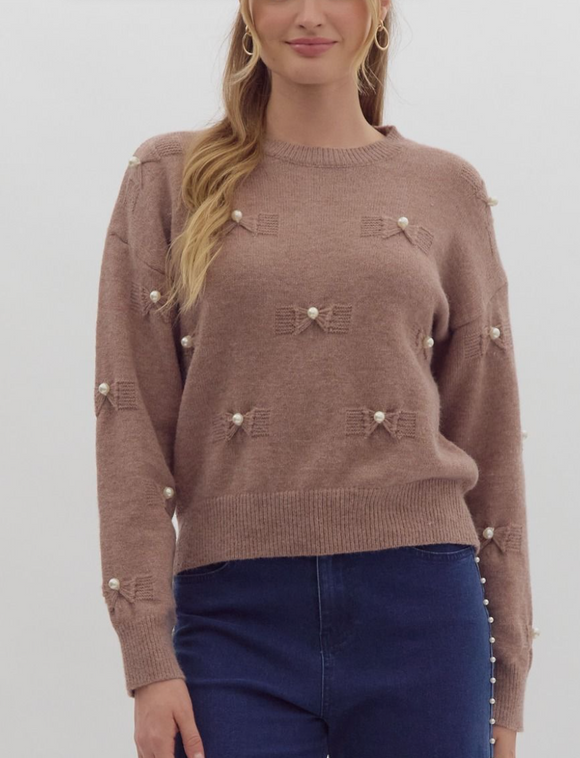 Soft Brown Pearl Bow Sweater