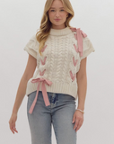 Ivory with Pink Ribbon Sleeveless Sweater