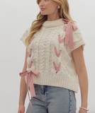 Ivory with Pink Ribbon Sleeveless Sweater