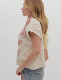 Ivory with Pink Ribbon Sleeveless Sweater