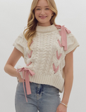 Ivory with Pink Ribbon Sleeveless Sweater