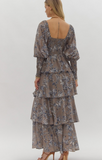 Taupe & Grey Print Smocked Sleeve Maxi Dress