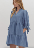 Tiered Denim Tie Sleeve Dress