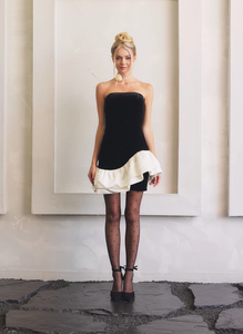 Strapless Black & White Wide Ruffle Hem Dress