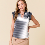 Navy Stripe Ruffle Tank