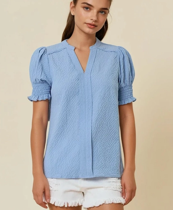 Light Blue Textured Puff Sleeve Top