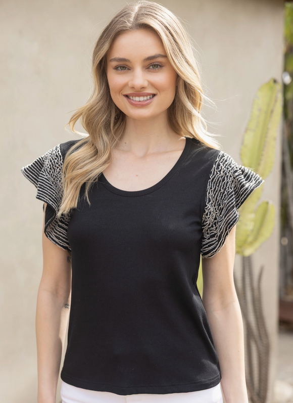 Black Ribbed Detail Flutter Sleeve Top