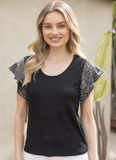 Black Ribbed Detail Flutter Sleeve Top