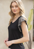 Black Ribbed Detail Flutter Sleeve Top