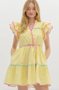 Lemon Multi Color Accent Ruffle Dress