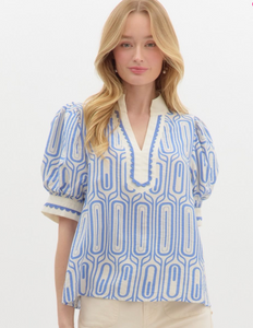 Blue Abstract Print Scalloped Top