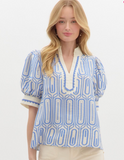 Blue Abstract Print Scalloped Top