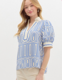 Blue Abstract Print Scalloped Top
