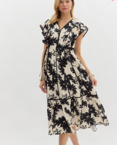 Black Botanical Pattern Adjustable Side Midi