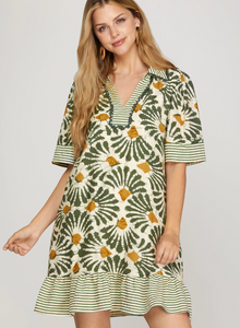 Olive Print Collared Dress With Pockets