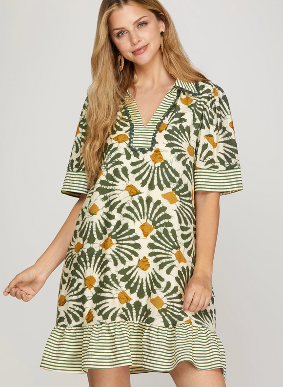 Olive Print Collared Dress With Pockets
