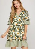 Olive Print Collared Dress With Pockets